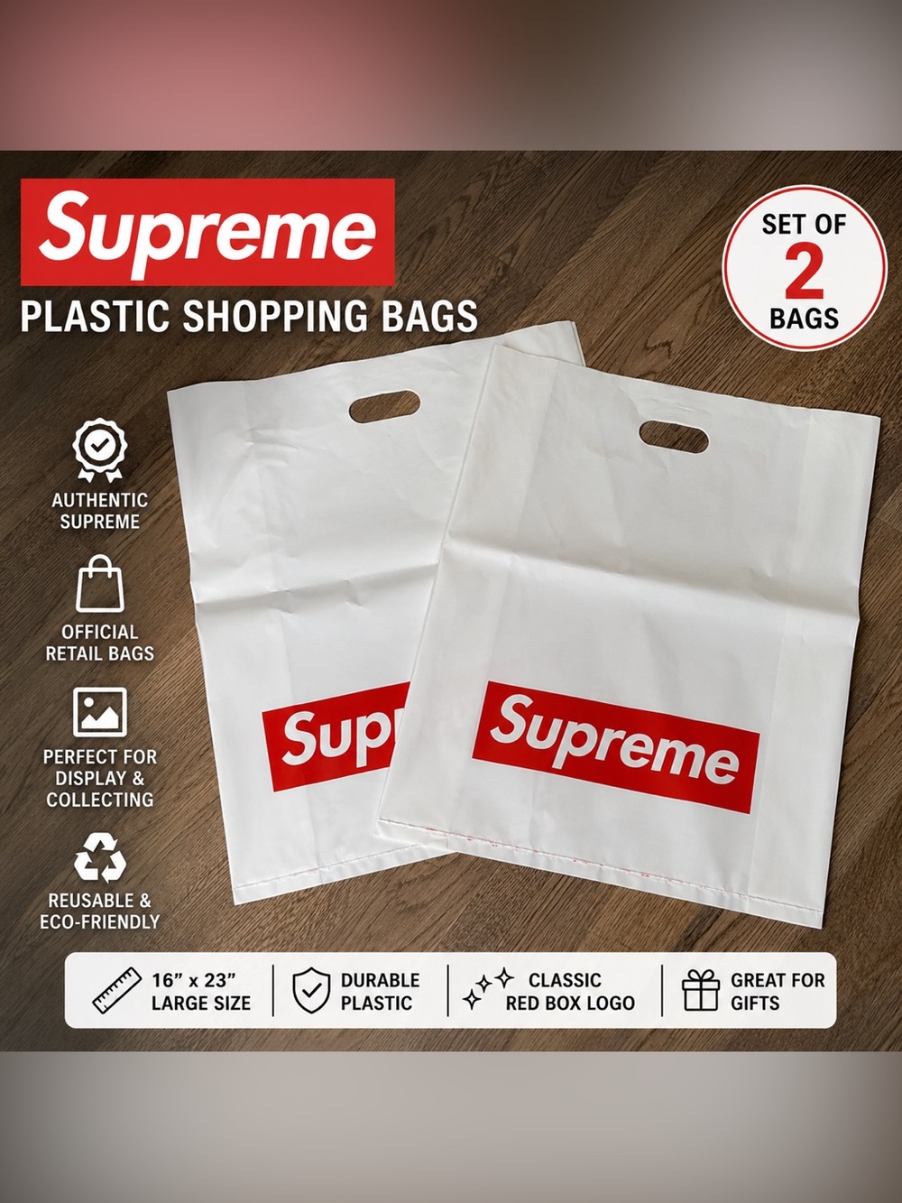 Supreme Large Plastic Shopping Carrier Bags - Set of 2 (Red Box Logo) - 16"x23"